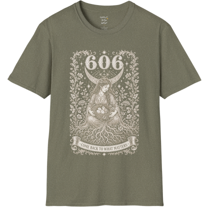 606 T-Shirt with winged figure and angel number design — Dark Sacred Stillness collection by Ramro Yoga Wear in Heather Military Green