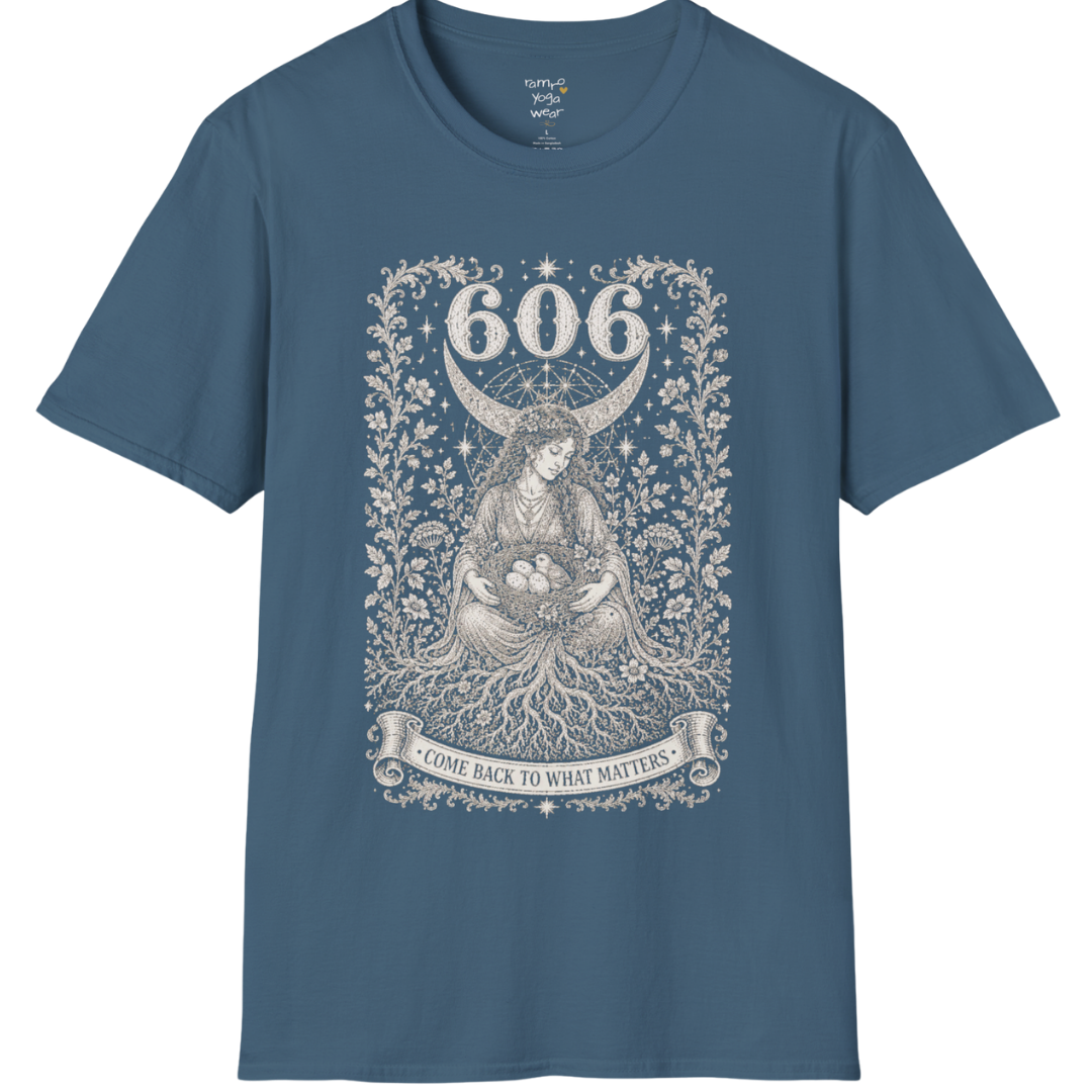 606 T-Shirt with winged figure and angel number design — Dark Sacred Stillness collection by Ramro Yoga Wear in Indigo Blue