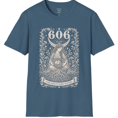 606 T-Shirt with winged figure and angel number design — Dark Sacred Stillness collection by Ramro Yoga Wear in Indigo Blue