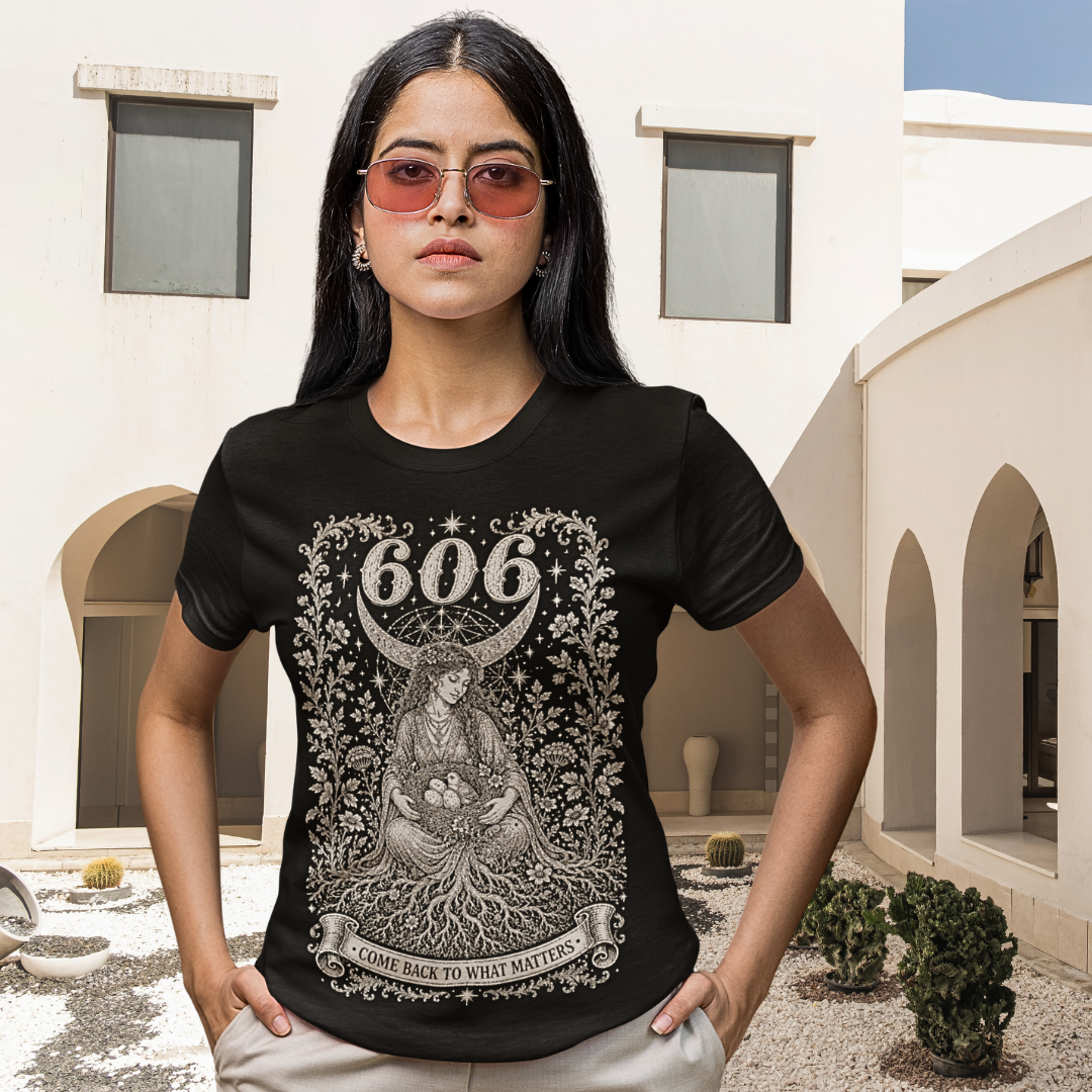 Woman wearing 606 T-Shirt black sacred yoga shirt in a courtyard — Dark Sacred Stillness collection by Ramro Yoga Wear