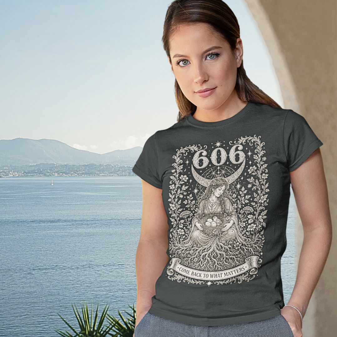 Woman wearing 606 T-Shirt dark heather grey sacred yoga shirt by the water — Dark Sacred Stillness collection by Ramro Yoga Wear