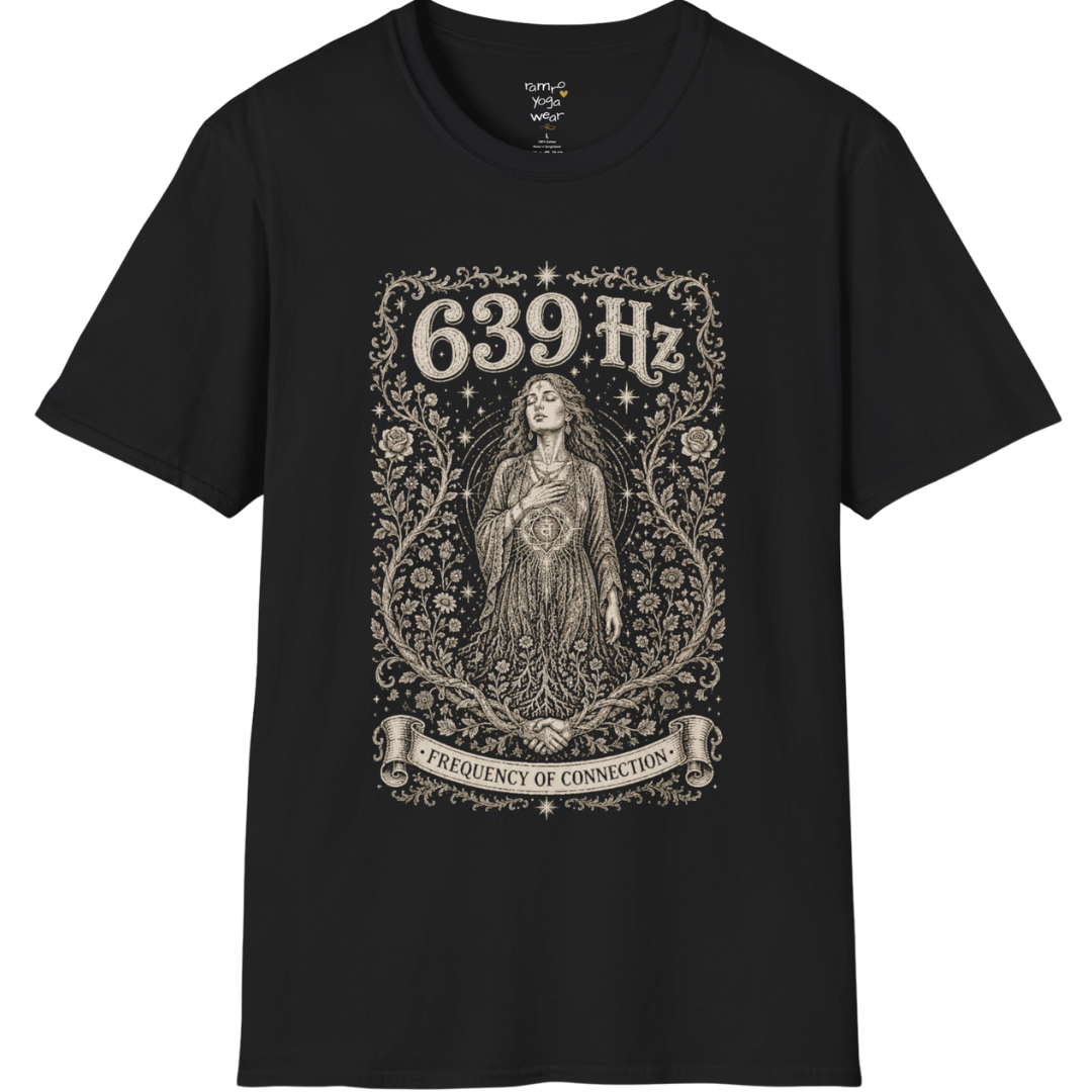 Person with heart chakra symbol surrounded by roses and starlight, 639 Hz frequency of connection engraving design — Dark Sacred Stillness collection by Ramro Yoga Wear in black