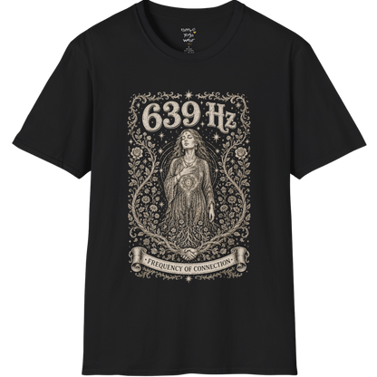 Person with heart chakra symbol surrounded by roses and starlight, 639 Hz frequency of connection engraving design — Dark Sacred Stillness collection by Ramro Yoga Wear in black