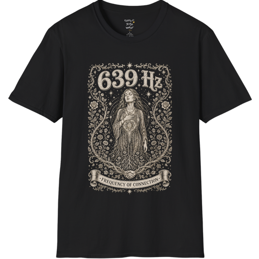 Person with heart chakra symbol surrounded by roses and starlight, 639 Hz frequency of connection engraving design — Dark Sacred Stillness collection by Ramro Yoga Wear in black