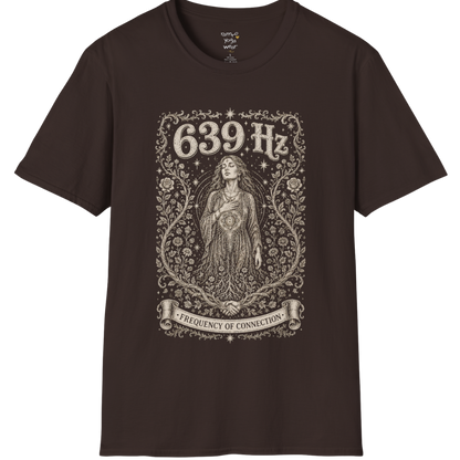 Person with heart chakra symbol surrounded by roses and starlight, 639 Hz frequency of connection engraving design — Dark Sacred Stillness collection by Ramro Yoga Wear in dark chocolate