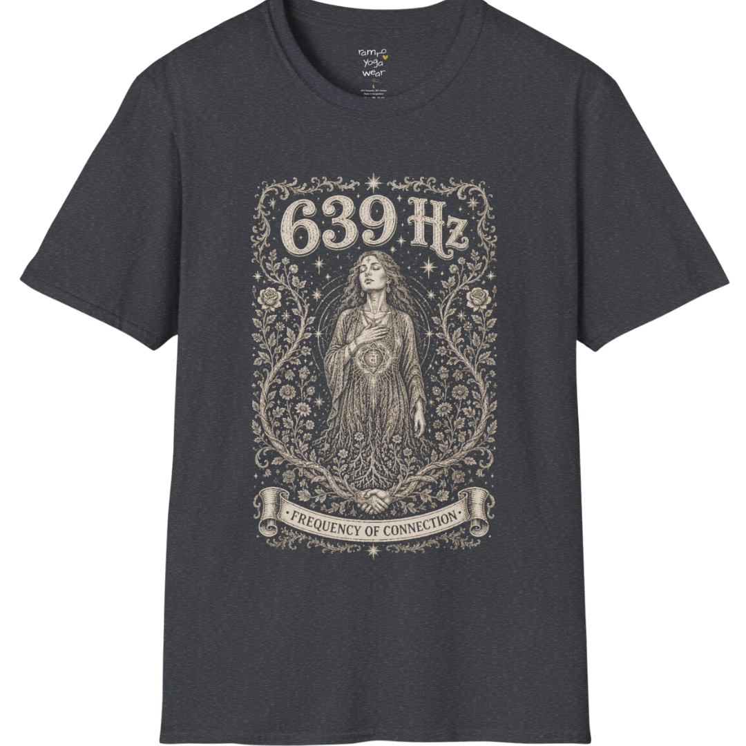 Person with heart chakra symbol surrounded by roses and starlight, 639 Hz frequency of connection engraving design — Dark Sacred Stillness collection by Ramro Yoga Wear in dark heather grey