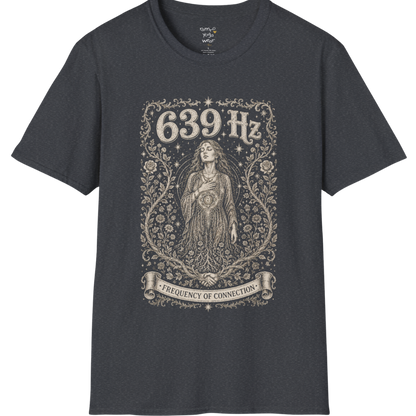 Person with heart chakra symbol surrounded by roses and starlight, 639 Hz frequency of connection engraving design — Dark Sacred Stillness collection by Ramro Yoga Wear in dark heather grey