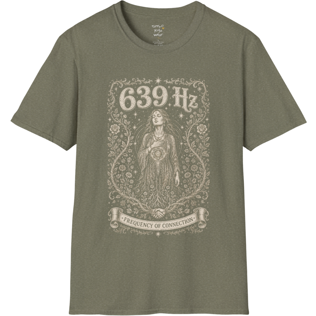 Person with heart chakra symbol surrounded by roses and starlight, 639 Hz frequency of connection engraving design — Dark Sacred Stillness collection by Ramro Yoga Wear in heather military green