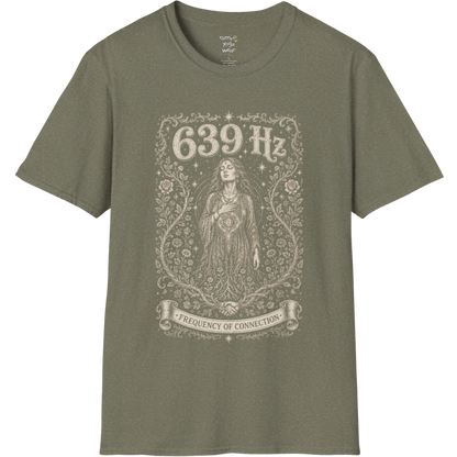 Person with heart chakra symbol surrounded by roses and starlight, 639 Hz frequency of connection engraving design — Dark Sacred Stillness collection by Ramro Yoga Wear in heather military green