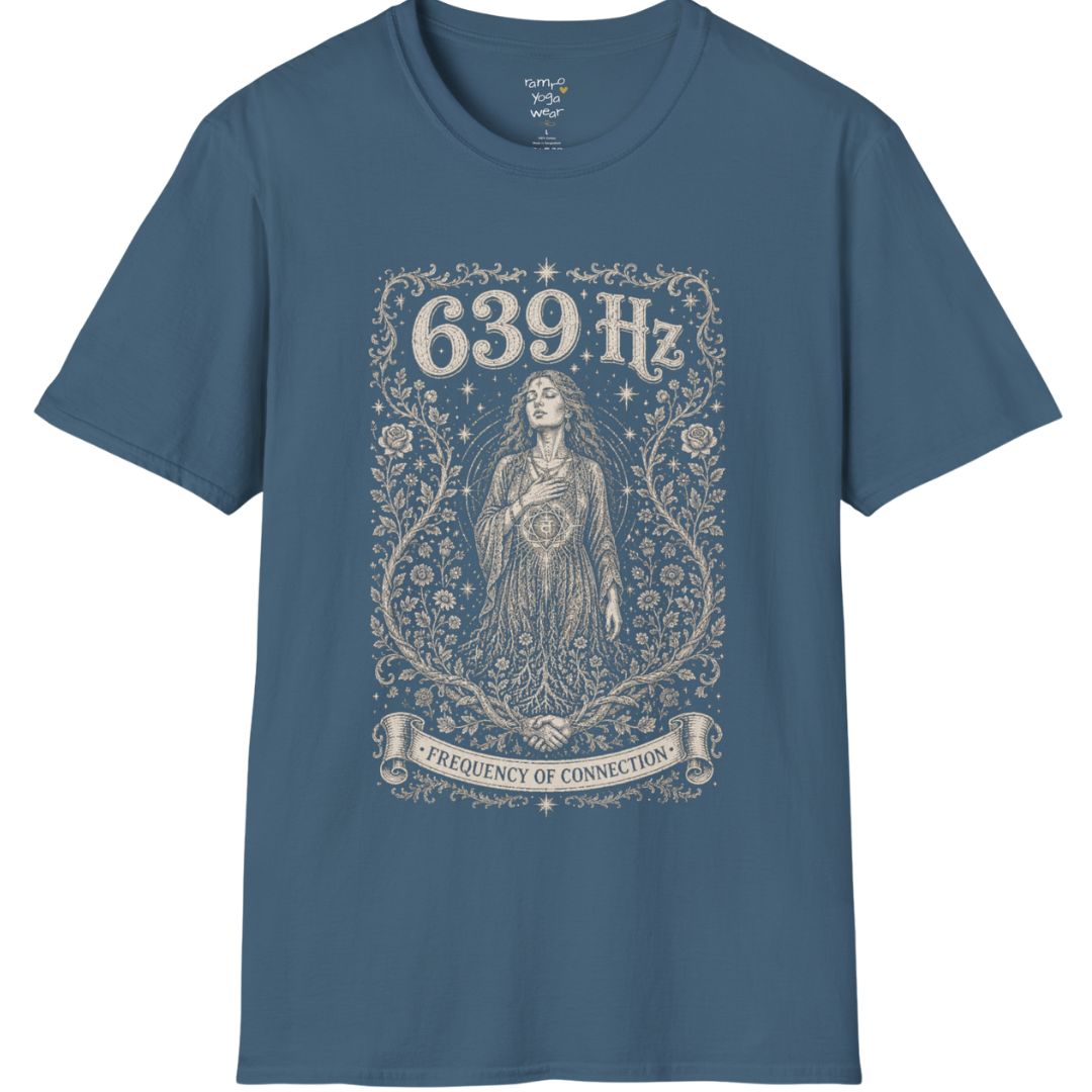 Person with heart chakra symbol surrounded by roses and starlight, 639 Hz frequency of connection engraving design — Dark Sacred Stillness collection by Ramro Yoga Wear in indigo blue