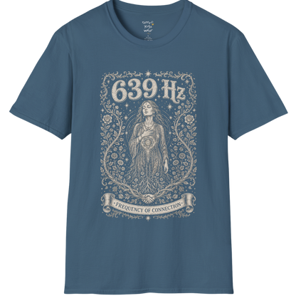 Person with heart chakra symbol surrounded by roses and starlight, 639 Hz frequency of connection engraving design — Dark Sacred Stillness collection by Ramro Yoga Wear in indigo blue