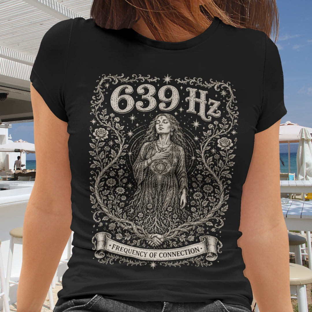 Person wearing 639 Hz Black sacred yoga shirt at a beachside café — Dark Sacred Stillness collection by Ramro Yoga Wear