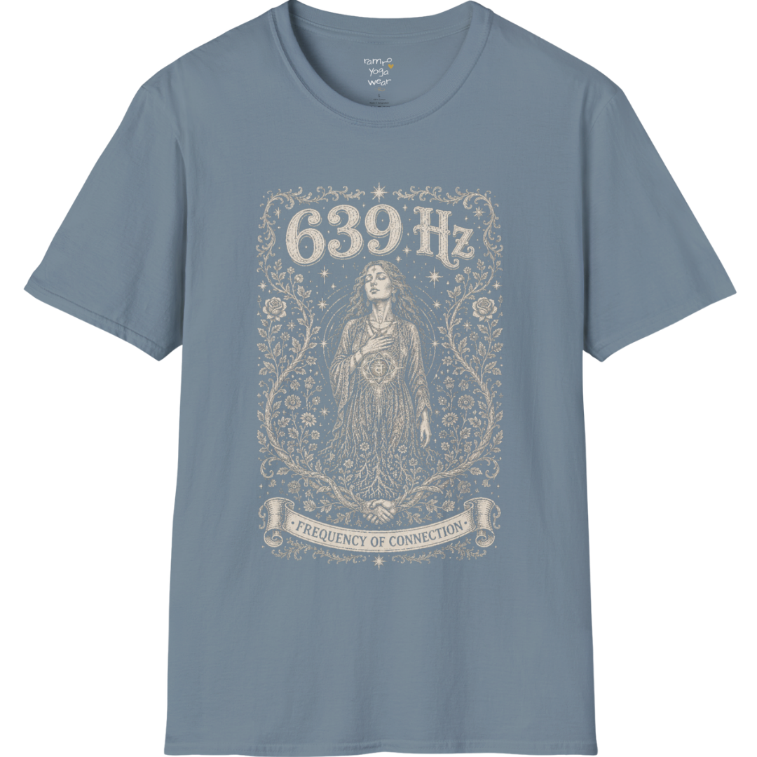 Person with heart chakra symbol surrounded by roses and starlight, 639 Hz frequency of connection engraving design — Dark Sacred Stillness collection by Ramro Yoga Wear in stone blue