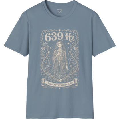 Person with heart chakra symbol surrounded by roses and starlight, 639 Hz frequency of connection engraving design — Dark Sacred Stillness collection by Ramro Yoga Wear in stone blue