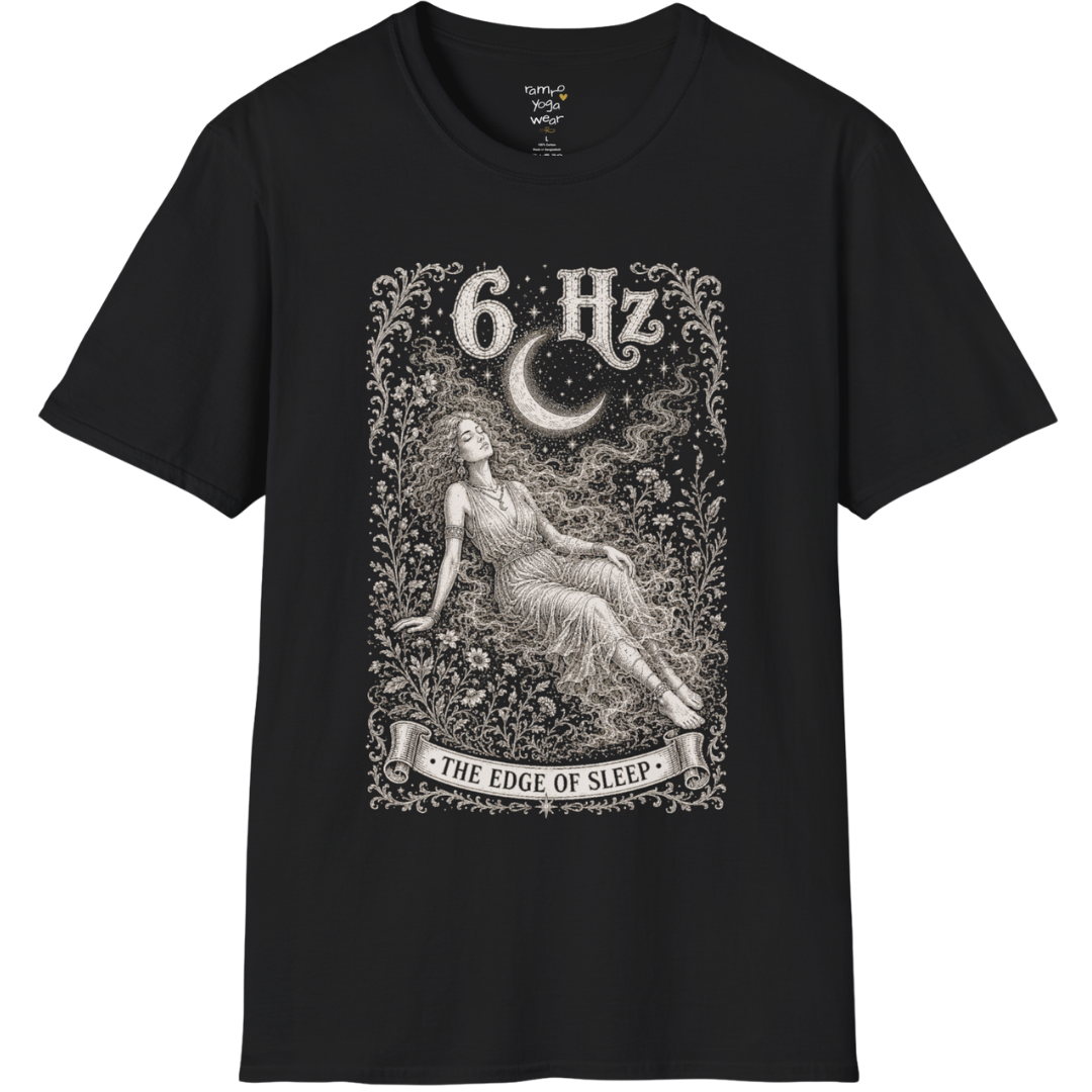 6 Hz T-Shirt with figure dissolving into mist under crescent moon design — Dark Sacred Stillness collection by Ramro Yoga Wear in black
