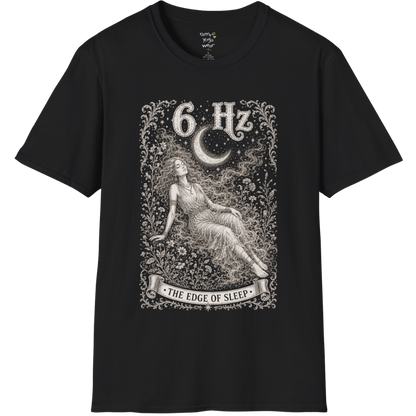 6 Hz T-Shirt with figure dissolving into mist under crescent moon design — Dark Sacred Stillness collection by Ramro Yoga Wear in black