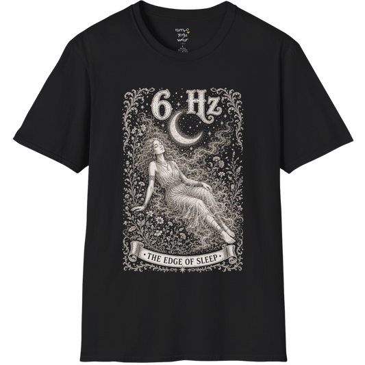 6 Hz T-Shirt with figure dissolving into mist under crescent moon design — Dark Sacred Stillness collection by Ramro Yoga Wear in black