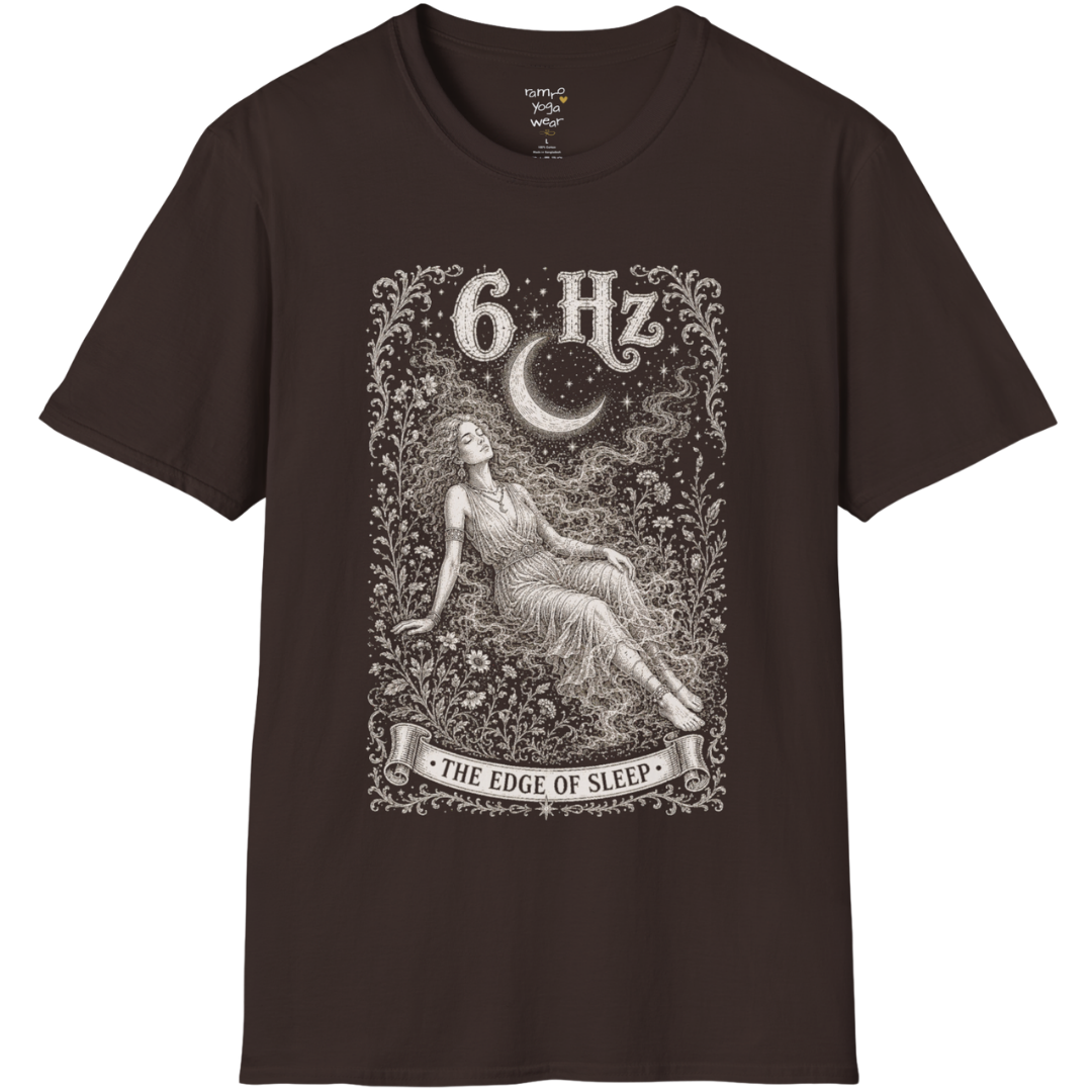 6 Hz T-Shirt with figure dissolving into mist under crescent moon design — Dark Sacred Stillness collection by Ramro Yoga Wear in Dark Chocolate