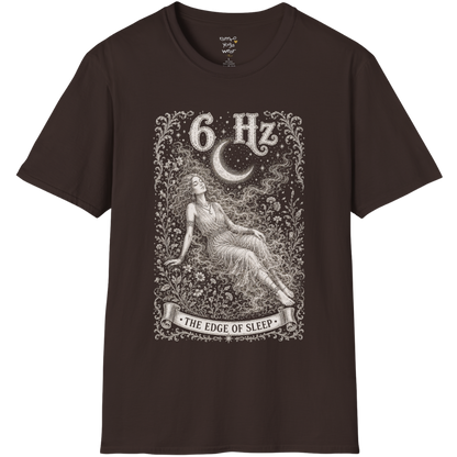 6 Hz T-Shirt with figure dissolving into mist under crescent moon design — Dark Sacred Stillness collection by Ramro Yoga Wear in Dark Chocolate