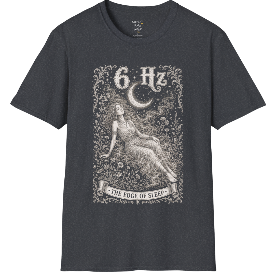 6 Hz T-Shirt with figure dissolving into mist under crescent moon design — Dark Sacred Stillness collection by Ramro Yoga Wear in Dark Heather Grey