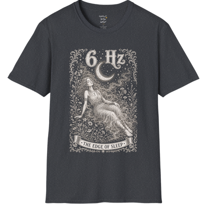 6 Hz T-Shirt with figure dissolving into mist under crescent moon design — Dark Sacred Stillness collection by Ramro Yoga Wear in Dark Heather Grey