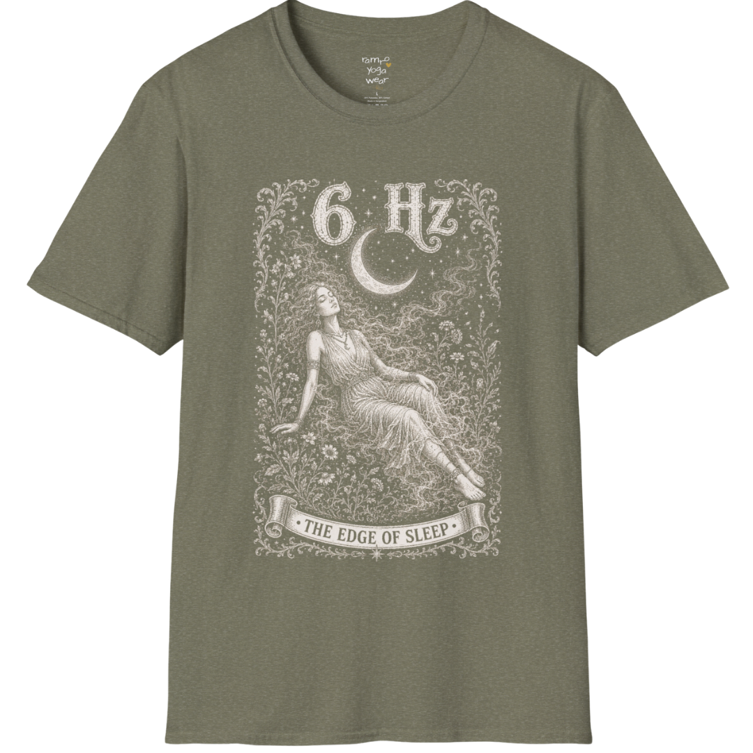 6 Hz T-Shirt with figure dissolving into mist under crescent moon design — Dark Sacred Stillness collection by Ramro Yoga Wear in Heather Military Green