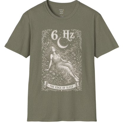 6 Hz T-Shirt with figure dissolving into mist under crescent moon design — Dark Sacred Stillness collection by Ramro Yoga Wear in Heather Military Green