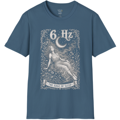 6 Hz T-Shirt with figure dissolving into mist under crescent moon design — Dark Sacred Stillness collection by Ramro Yoga Wear in Indigo Blue