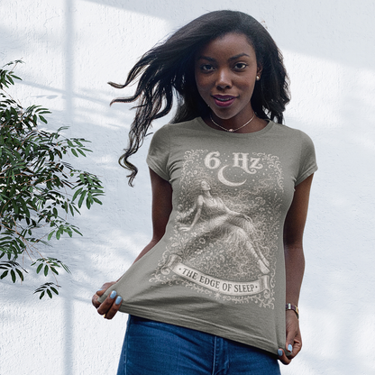 6 Hz T-Shirt heather military green sacred yoga shirt in a bright indoor space — Dark Sacred Stillness collection by Ramro Yoga Wear
