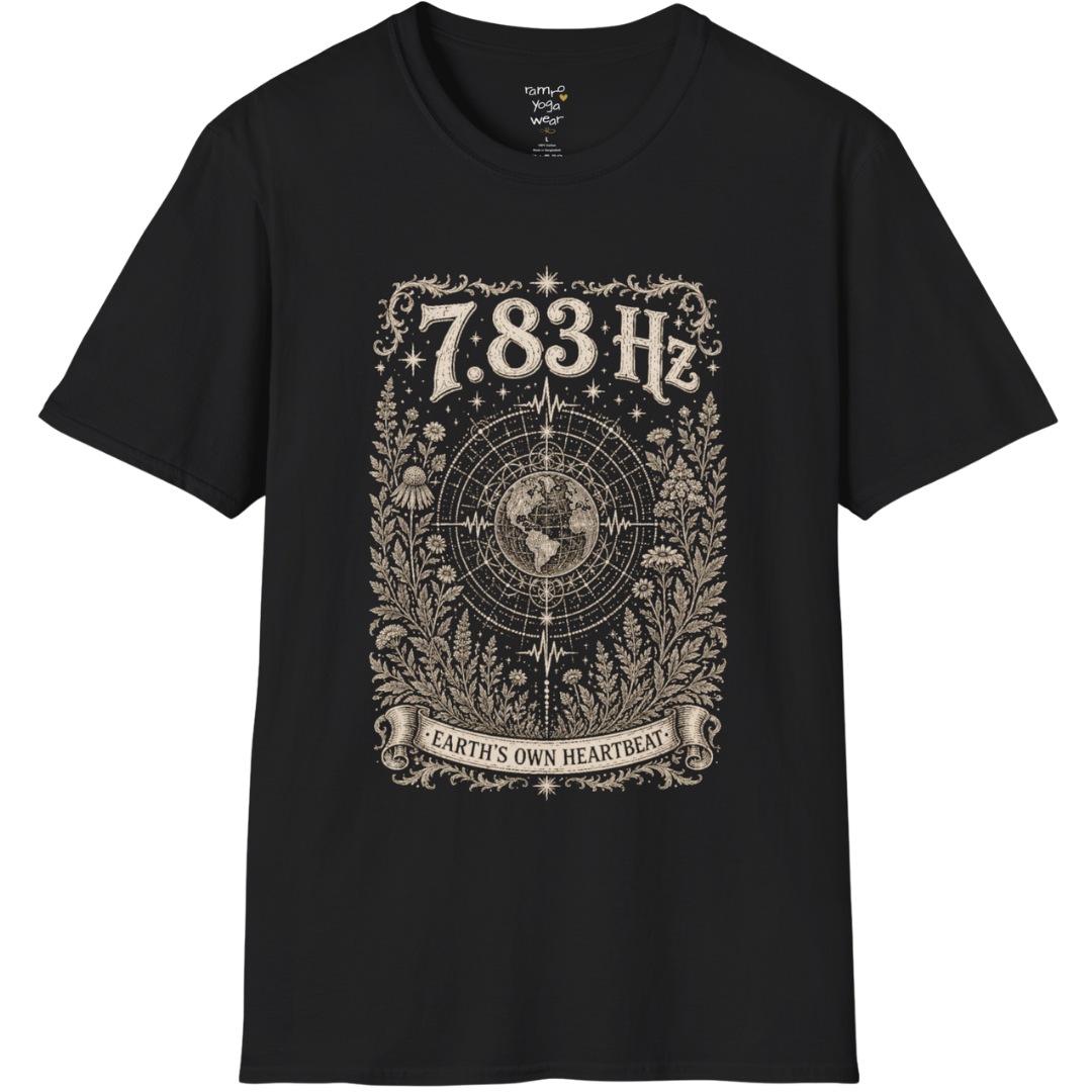 7.83 Hz T-Shirt with earth sacred geometry design — Dark Sacred Stillness collection by Ramro Yoga Wear in Black