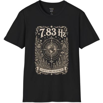 7.83 Hz T-Shirt with earth sacred geometry design — Dark Sacred Stillness collection by Ramro Yoga Wear in Black