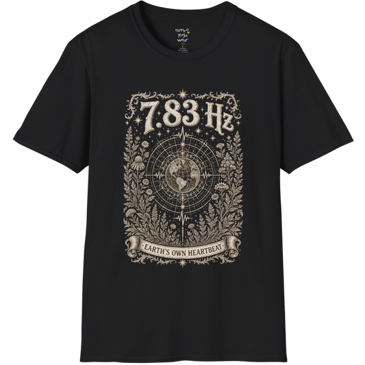 7.83 Hz T-Shirt with earth sacred geometry design — Dark Sacred Stillness collection by Ramro Yoga Wear in Black