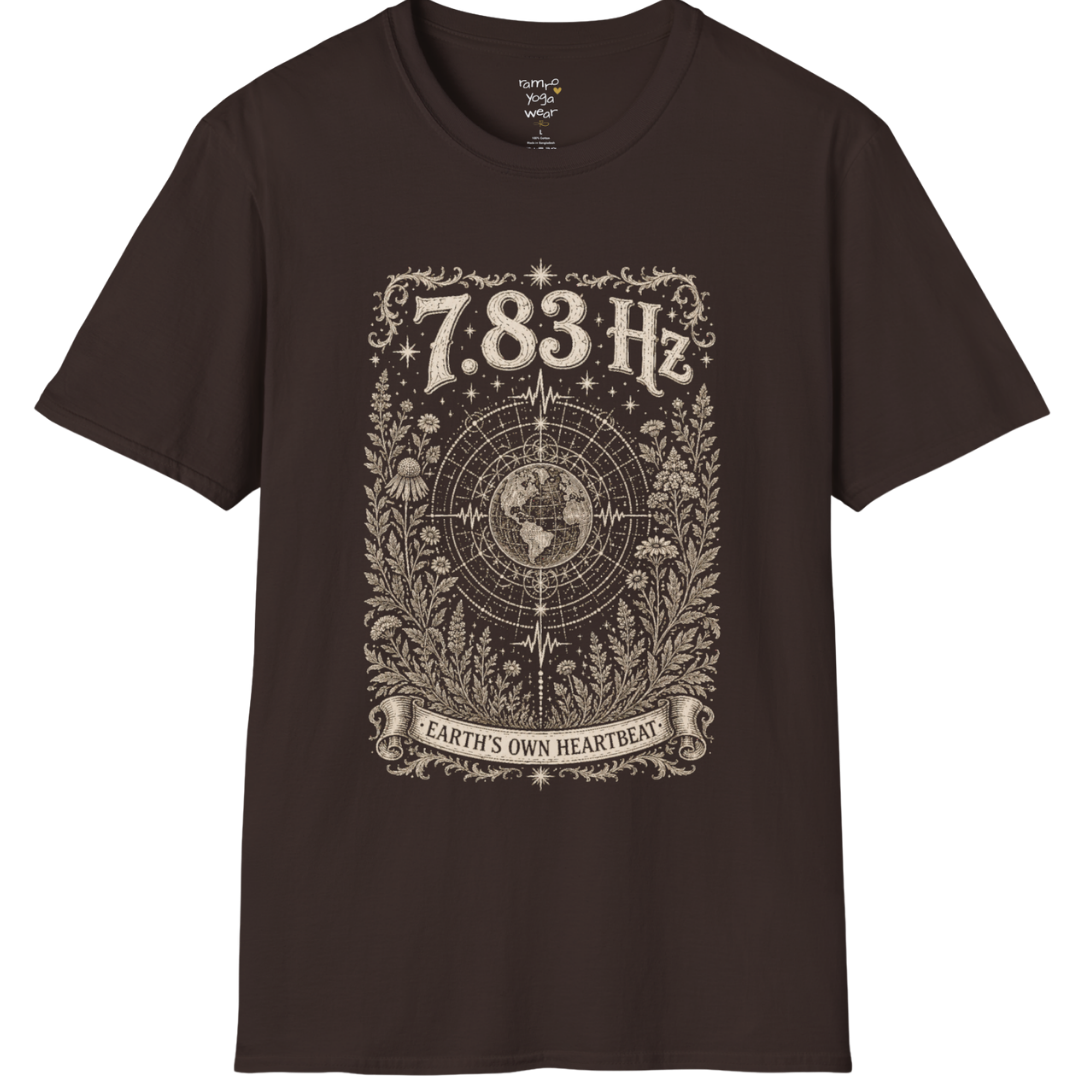 7.83 Hz T-Shirt with earth sacred geometry design — Dark Sacred Stillness collection by Ramro Yoga Wear in Dark Chocolate