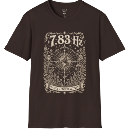 7.83 Hz T-Shirt with earth sacred geometry design — Dark Sacred Stillness collection by Ramro Yoga Wear in Dark Chocolate