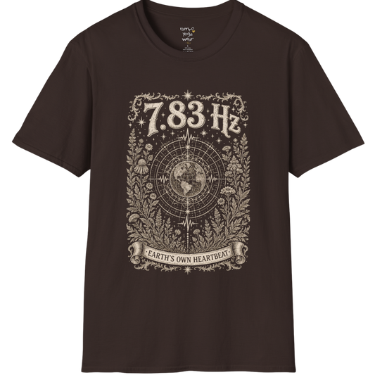7.83 Hz T-Shirt with earth sacred geometry design — Dark Sacred Stillness collection by Ramro Yoga Wear in Dark Chocolate