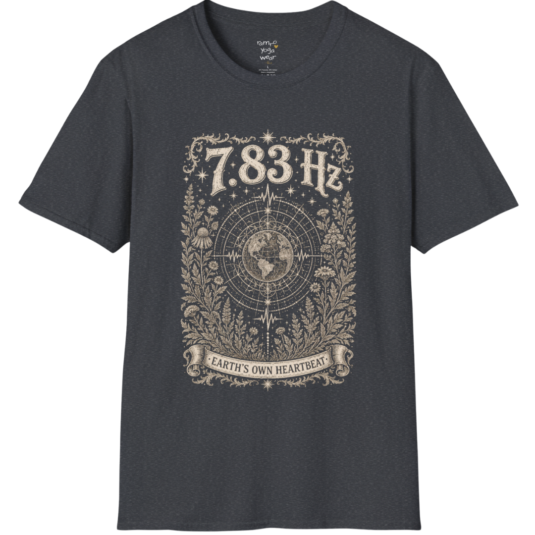 7.83 Hz T-Shirt with earth sacred geometry design — Dark Sacred Stillness collection by Ramro Yoga Wear in Dark Heather Grey