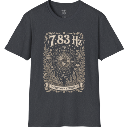 7.83 Hz T-Shirt with earth sacred geometry design — Dark Sacred Stillness collection by Ramro Yoga Wear in Dark Heather Grey