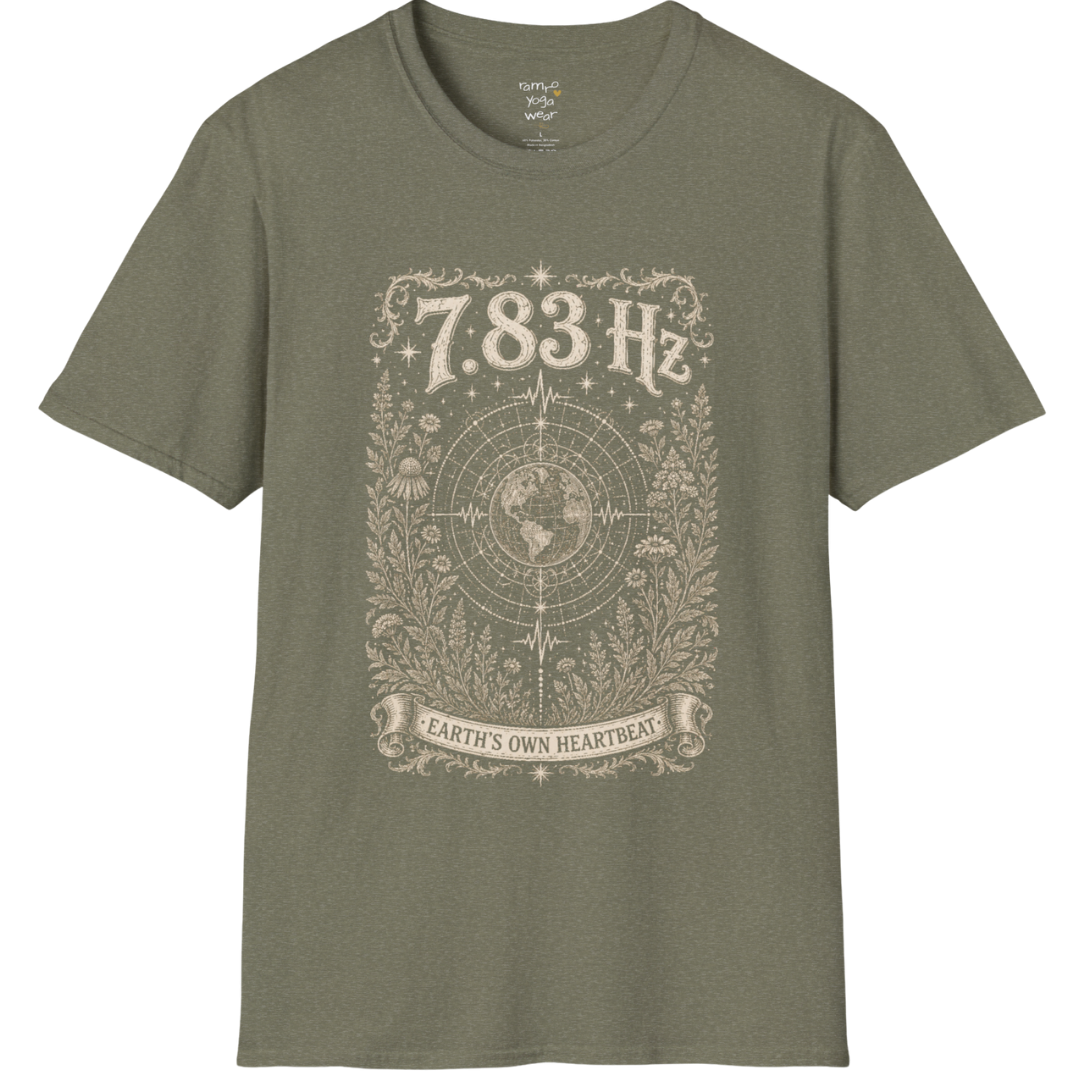 7.83 Hz T-Shirt with earth sacred geometry design — Dark Sacred Stillness collection by Ramro Yoga Wear in Heather Military Green
