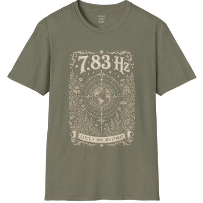 7.83 Hz T-Shirt with earth sacred geometry design — Dark Sacred Stillness collection by Ramro Yoga Wear in Heather Military Green
