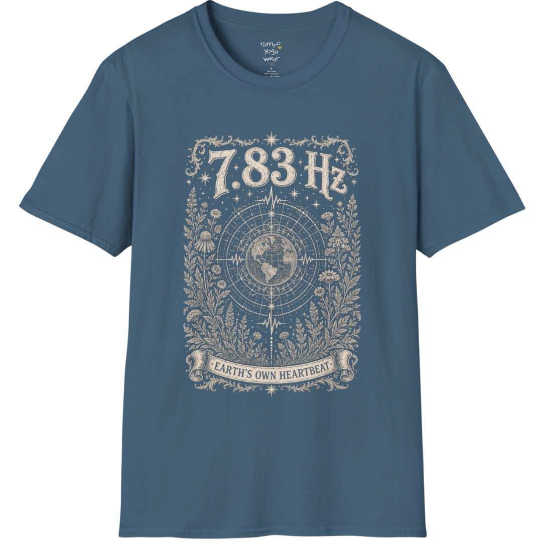 7.83 Hz T-Shirt with earth sacred geometry design — Dark Sacred Stillness collection by Ramro Yoga Wear in Indigo Blue