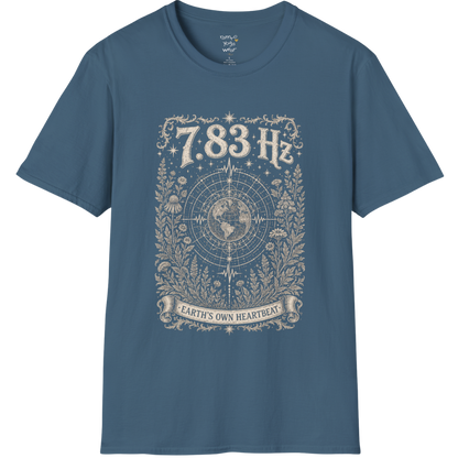 7.83 Hz T-Shirt with earth sacred geometry design — Dark Sacred Stillness collection by Ramro Yoga Wear in Indigo Blue