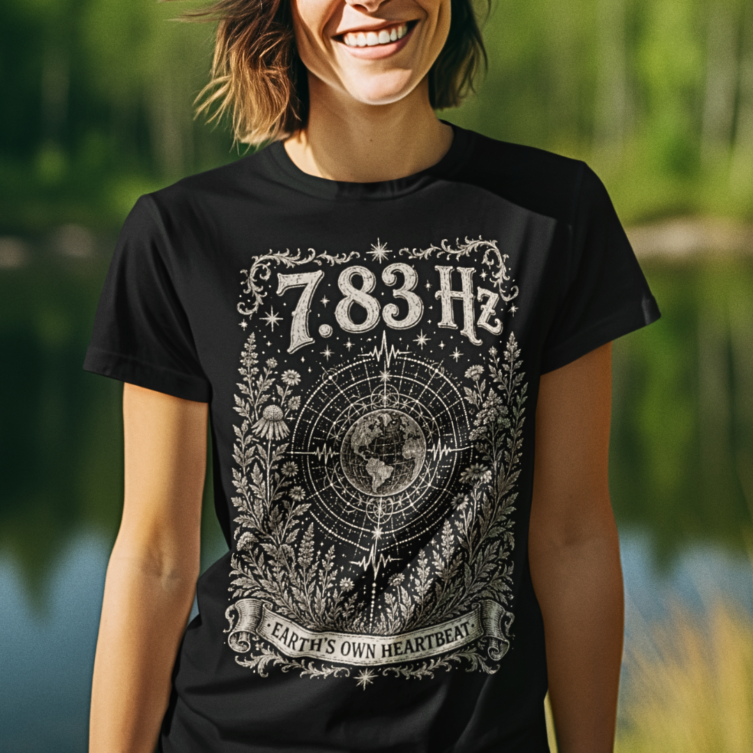 Woman wearing 7.83 Hz T-Shirt black sacred yoga shirt outdoors by the water — Dark Sacred Stillness collection by Ramro Yoga Wear