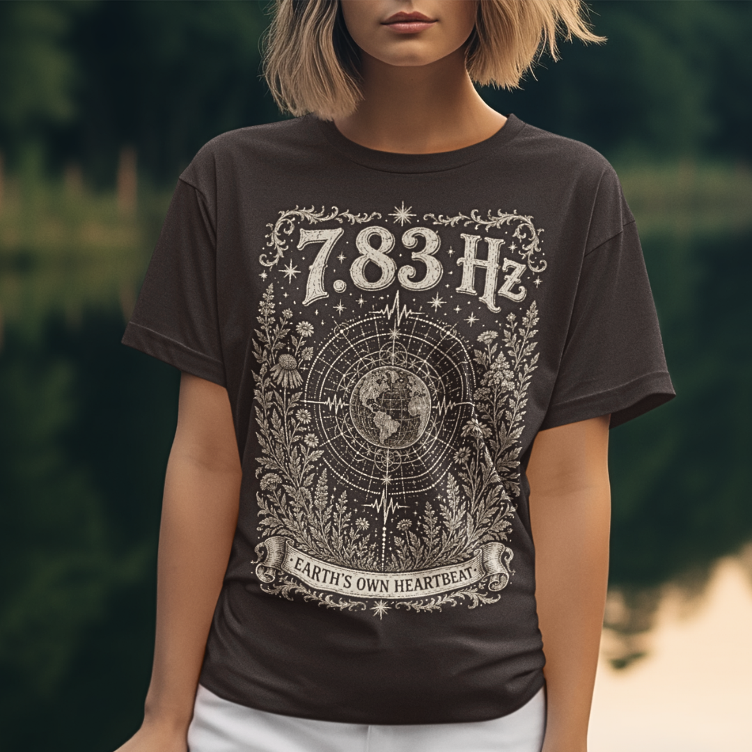 Woman wearing 7.83 Hz T-Shirt dark chocolate sacred yoga shirt outdoors by the water — Dark Sacred Stillness collection by Ramro Yoga Wear