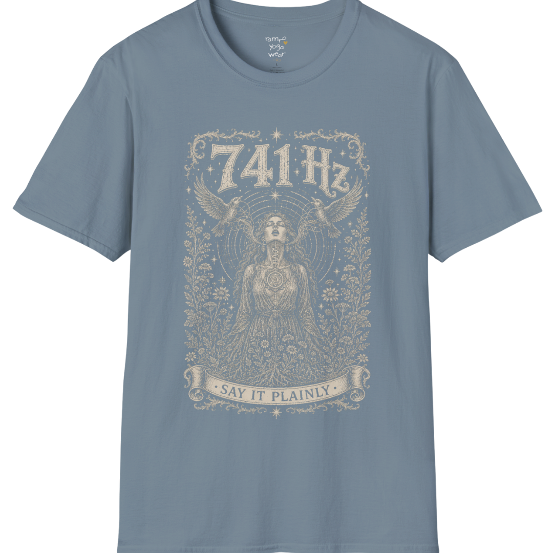 Person with throat chakra symbol and sound wave rising into wings, 741 Hz self-expression engraving design — Dark Sacred Stillness collection by Ramro Yoga Wear in stone blue