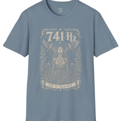 Person with throat chakra symbol and sound wave rising into wings, 741 Hz self-expression engraving design — Dark Sacred Stillness collection by Ramro Yoga Wear in stone blue