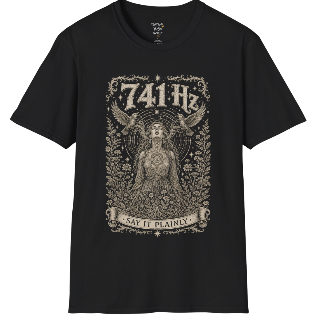 Person with throat chakra symbol and sound wave rising into wings, 741 Hz self-expression engraving design — Dark Sacred Stillness collection by Ramro Yoga Wear in black