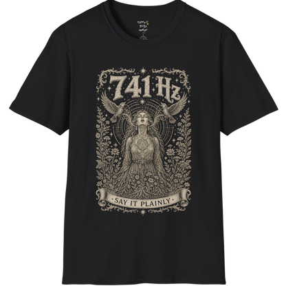 Person with throat chakra symbol and sound wave rising into wings, 741 Hz self-expression engraving design — Dark Sacred Stillness collection by Ramro Yoga Wear in black