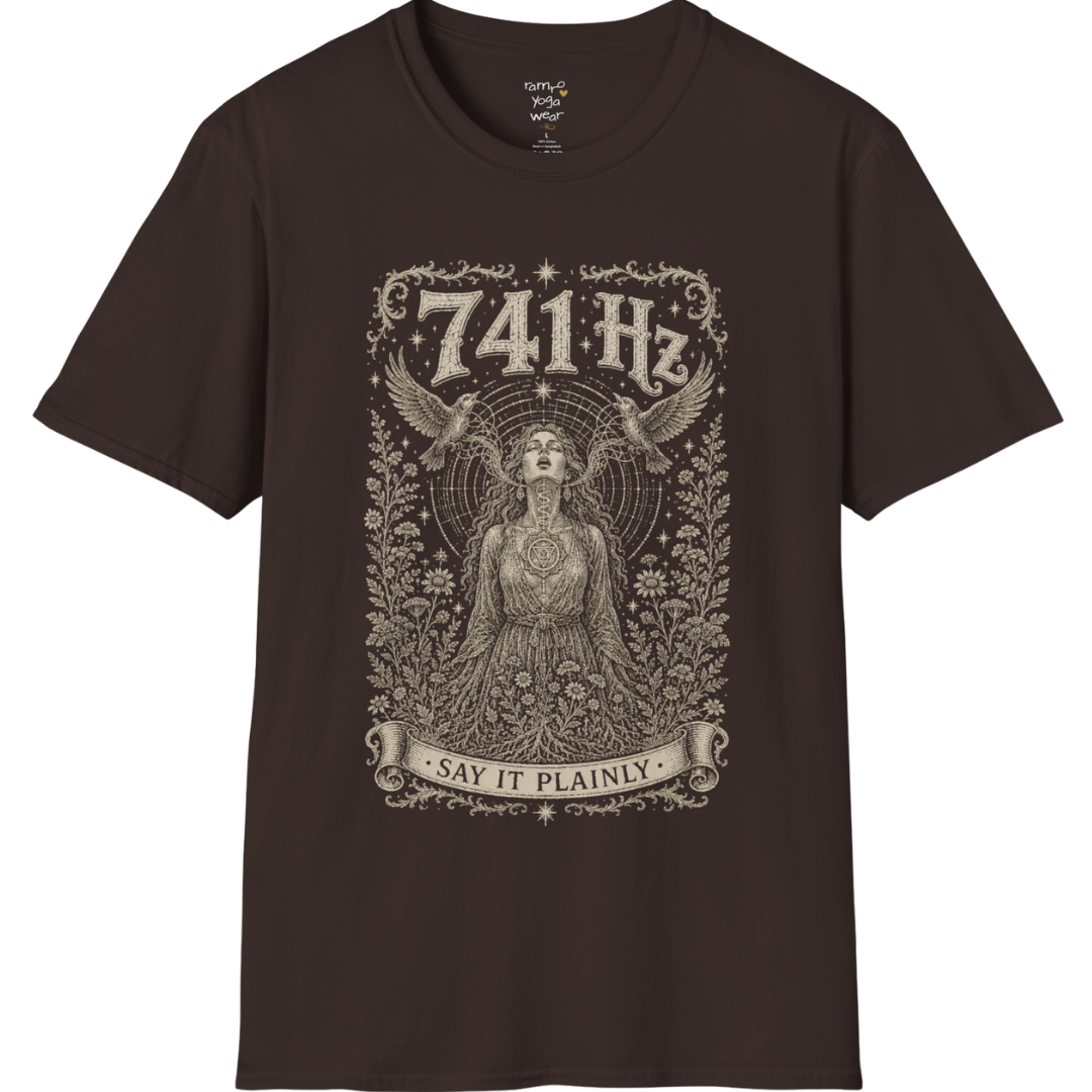 Person with throat chakra symbol and sound wave rising into wings, 741 Hz self-expression engraving design — Dark Sacred Stillness collection by Ramro Yoga Wear in dark chocolate