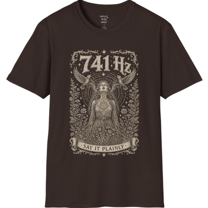 Person with throat chakra symbol and sound wave rising into wings, 741 Hz self-expression engraving design — Dark Sacred Stillness collection by Ramro Yoga Wear in dark chocolate