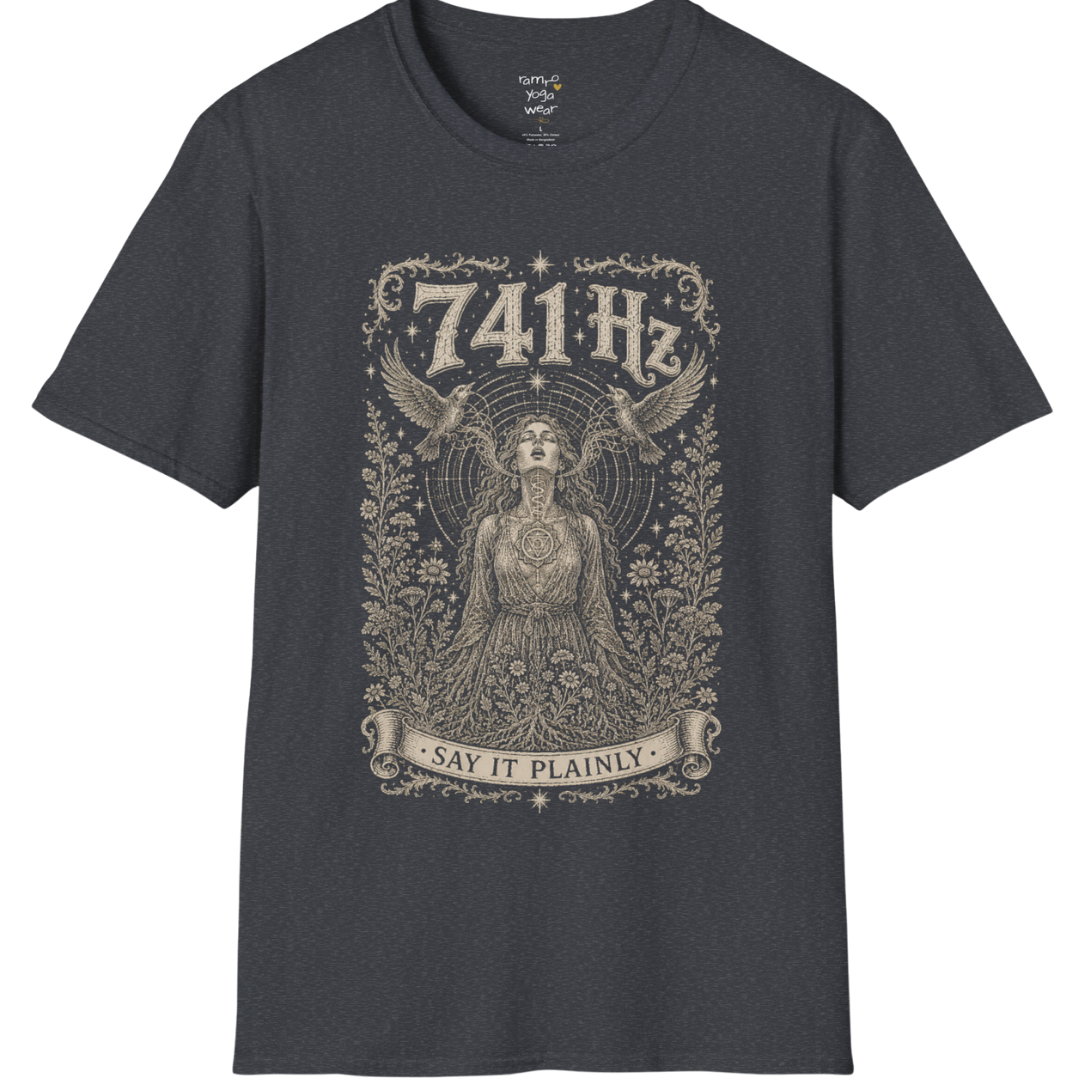 Person with throat chakra symbol and sound wave rising into wings, 741 Hz self-expression engraving design — Dark Sacred Stillness collection by Ramro Yoga Wear in dark heather grey